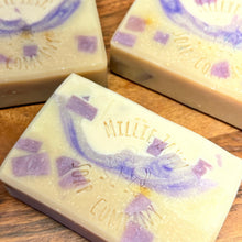 Load image into Gallery viewer, soap bar with purple cubes, purple swirls, and white
